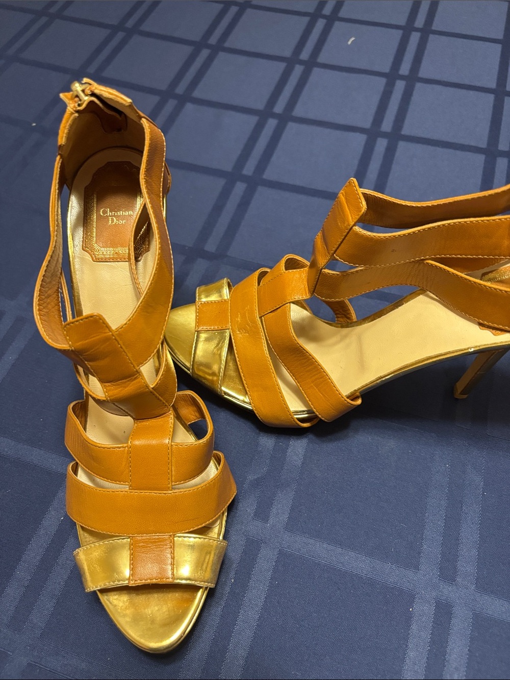 Dior Tan and Gold Strappy Leather Heels